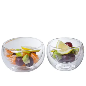 Mangkuk Salad buah kaca lapisan ganda bening bulat tahan panas ditiup tangan dekoratif untuk rumah restoran Bar