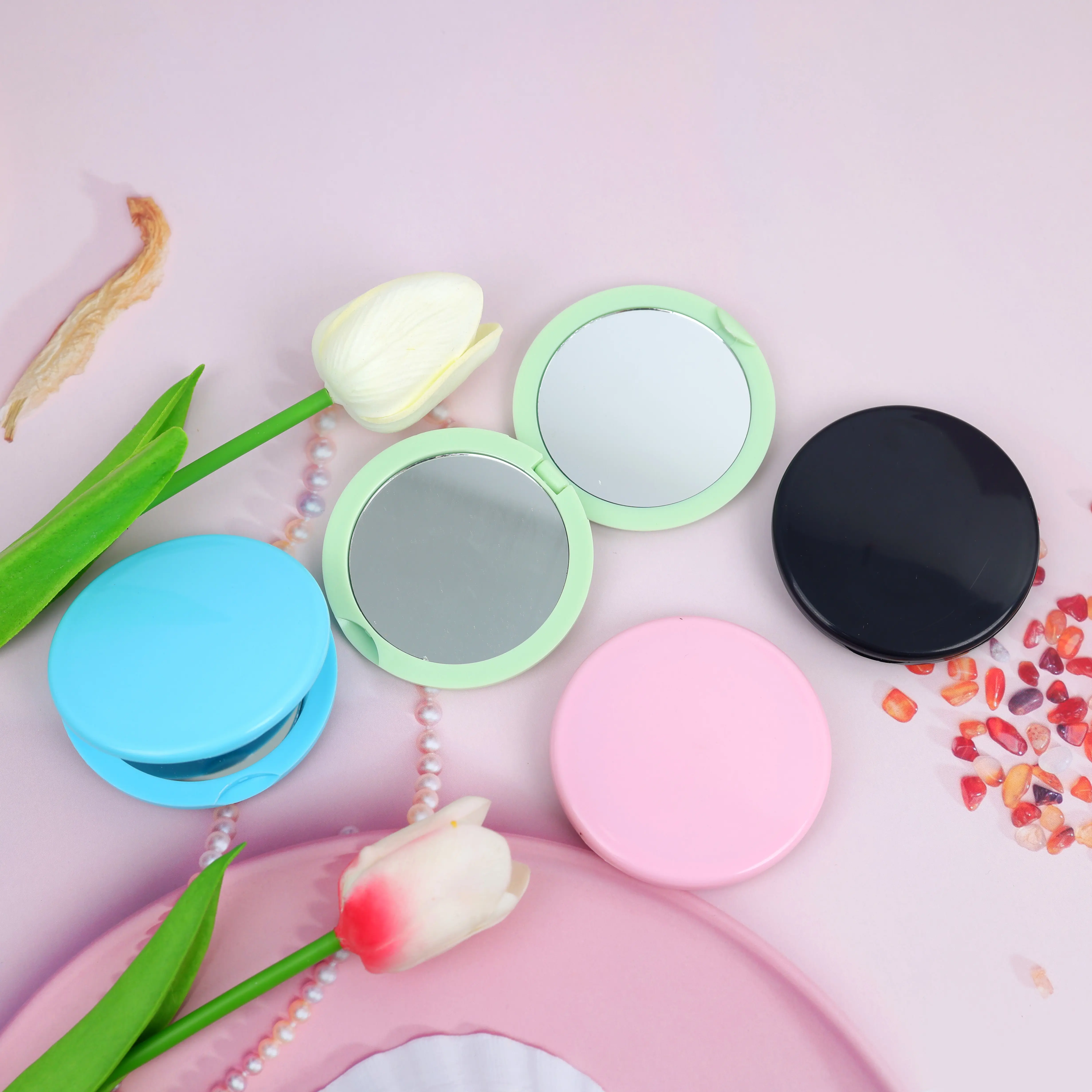 Reise kosmetische Taschen spiegel Private Label Kunststoff Falt spiegel benutzer definierte Logo rosa kleinen runden Spiegel
