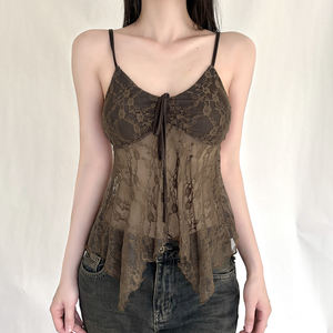 Sheer lace pleated bodice with strappy A-line loose asymmetrical camisole summer vacation sexy breathable <b>vest</b> for <b>women</b> - Product Image 4