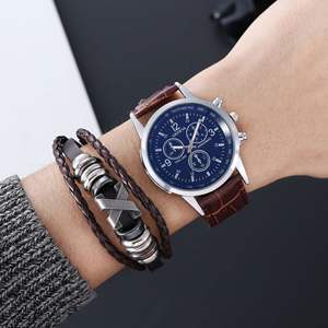 Montre à quartz pour homme en gros, trois aiguilles, couleur bleu-<span class=keywords><strong>ray</strong></span>ée, boîtier en alliage, facile à assortir, bracelet en cuir, ensemble de deux pièces, cadeau - Product Image 6