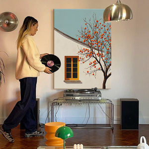 Pintura al Óleo Moderna Minimalista, Árbol de Caqui, Arte de Pared Rectangular Enmarcado, Decoración para Sala de Estar, Fondo de Sofá - Product Image 3