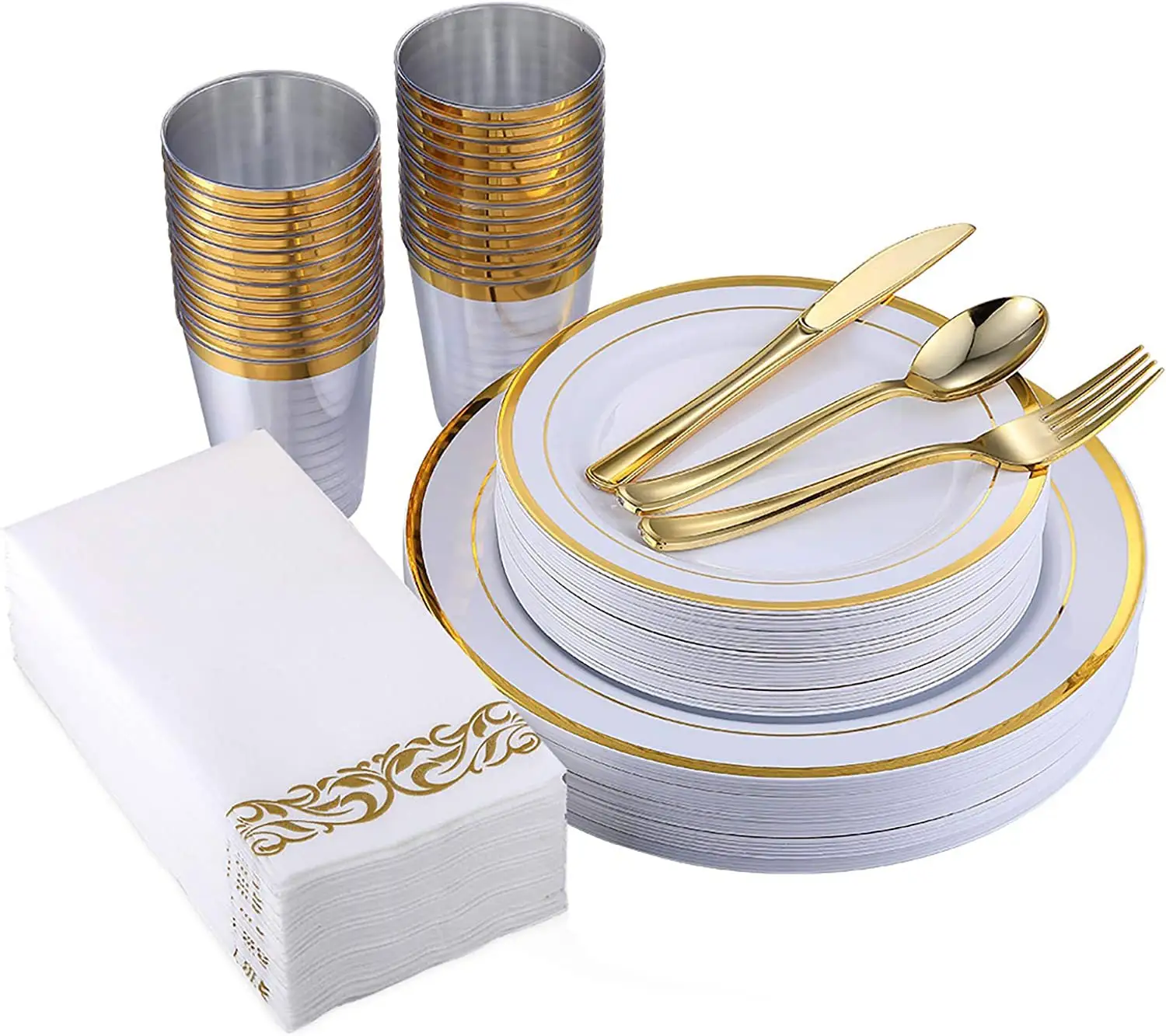 Charger Plates Rim Wholesale Louça De Casamento Branca com Ouro Conjuntos De Louça De Luxo Teller Set Plástico 12 Pessoa