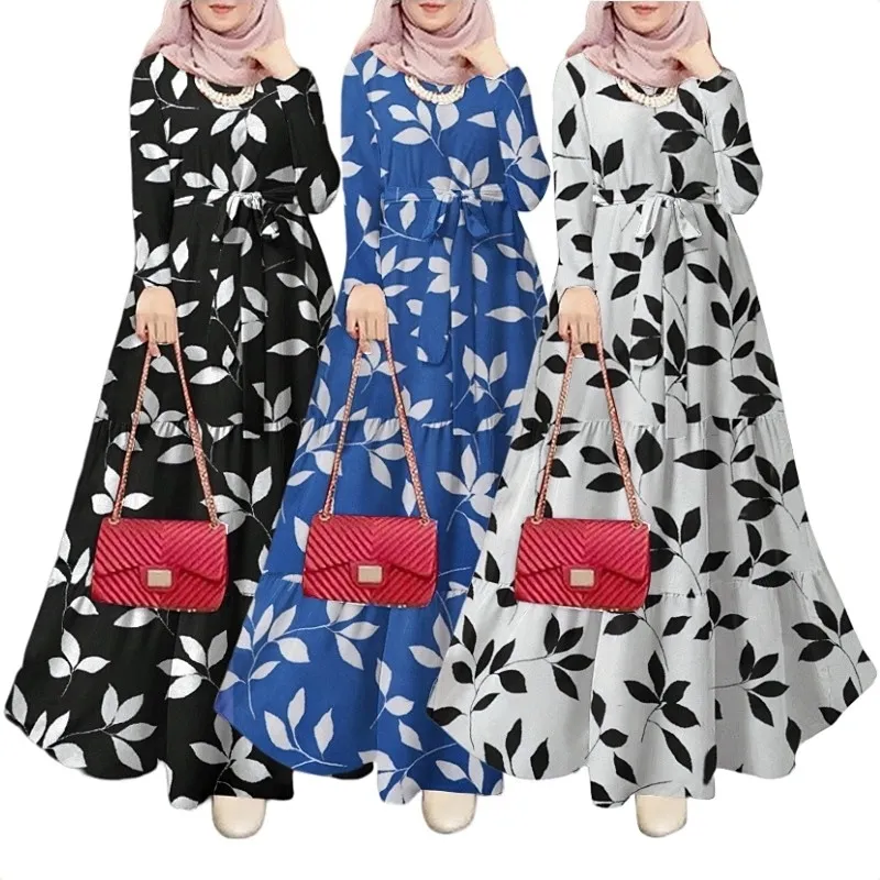 Dubai Turkey gaun wanita Muslim Kaftan lengan penuh bersabuk motif bunga gaun wanita ukuran Plus tradisional Islami
