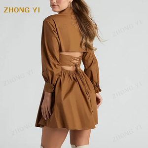 Vestido camisero corto informal de manga larga de algodón de alta calidad personalizado para mujer con puños abotonados y cuello vuelto ajustado en la cintura con volantes - Product Image 4