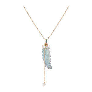 <span class=keywords><strong>Collier</strong></span> tendance en Y pour femme, plaqué or 18 carats, avec pampilles en fausses perles et motifs géométriques uniques en plumes naturelles coupées - Product Image 5