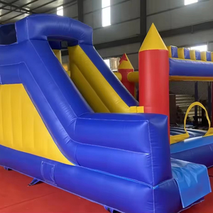Château gonflable Hualong bleu et jaune à thème avec deux toboggans, équipement d'amusement pour enfants de qualité commerciale - Product Image 1