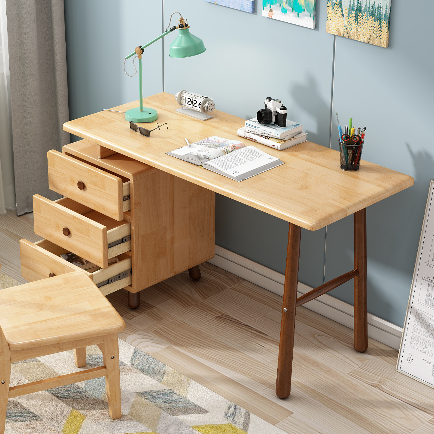Solid wood desk and cabinet [two-tone]