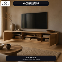 Meuble TV Japandi sur mesure, écologique, ultra-plat, inférieur à 20 pouces, finition chêne frisé, portes sans poignées, pour salon et hôtel