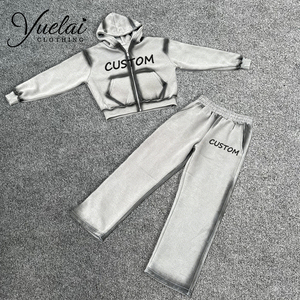 Set Personalizzato da Uomo con <span class=keywords><strong>Felpa</strong></span> con Cappuccio e Zip e Pantaloni Jogger, Logo Ricamato, Alta Qualità, <span class=keywords><strong>Oversize</strong></span>, Pesante, Grigio, con Cuciture - Product Image 1