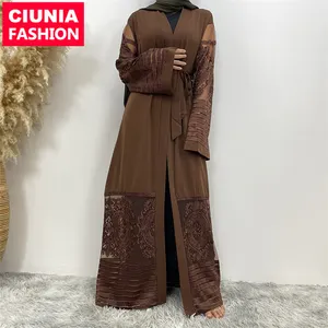 1546 * Modest Eid ricamo floreale pizzo maglia aperta Abaya con cintura donna moda Dubai Cardigan