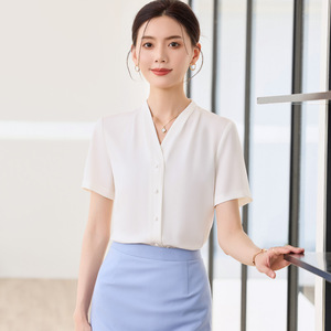 Women V-neck Short Sleeve Shirt White Solid Color Polyester Poplin Work Blouse Elegant Professional Office Wear - Product Image 1