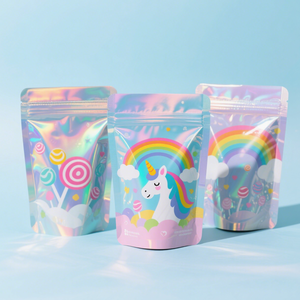 Impression numérique Preuve d'odeur Stand up Pochette à fermeture éclair Feuille d'aluminium de qualité alimentaire Bonbons holographiques Mylar Sacs à fermeture éclair - Product Image 6