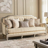 Canapé 3 places de luxe antique en bois massif sculpté, style Champagne Français, avec revêtement en tissu et rembourrage en éponge, pour salon