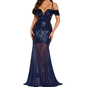 New Arrival Sexy <b>Spaghetti</b> <b>Straps</b> Beaded Splicing Mesh Sequin Dress Evening Gowns for Women Fashion - Product Image 5