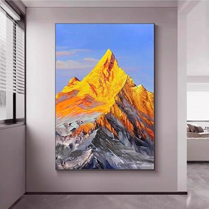 Peinture à l'huile peinte à la main, montagne dorée au lever du soleil, texture abstraite, cadre en métal, effet 3D, décoration murale pour entrée, salon - Product Image 1
