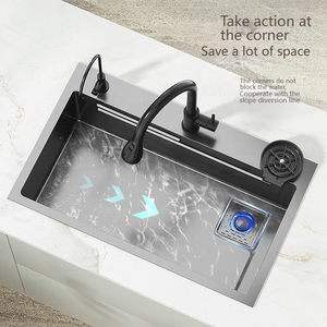 Évier de cuisine en acier inoxydable noir mat 8045 avec robinet cascade et <span class=keywords><strong>lave</strong></span>-<span class=keywords><strong>vaisselle</strong></span> intégré pour la cuisine au-dessus du comptoir - Product Image 5