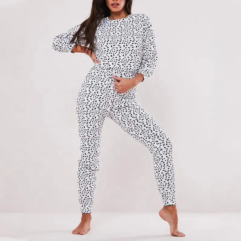 Pakaian Tidur Putih Kustom dengan Hitam Cetak Lengan Panjang Piyama Pakaian Santai Onesie Jumpsuit