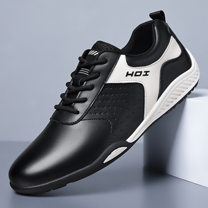 Chaussures de marche Hoi en cuir véritable, bout rond, lacets, doublure en maille respirante, semelle extérieure en caoutchouc, baskets décontractées blanches pour hommes - Product Image 2