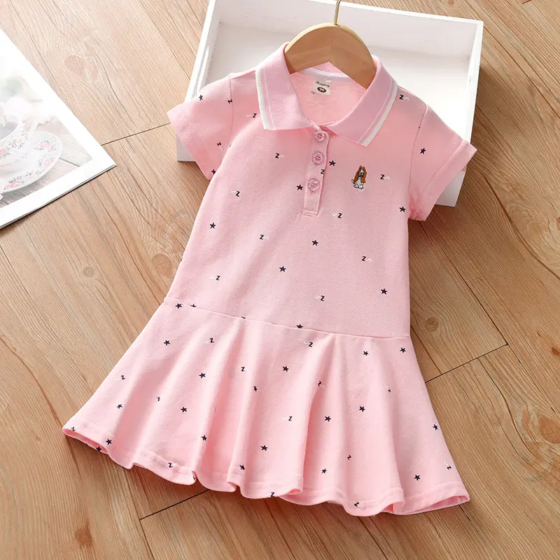 Wholesale 100% cotton Children Summer Clothes Short Sleeve Printed Girls Polo Dress