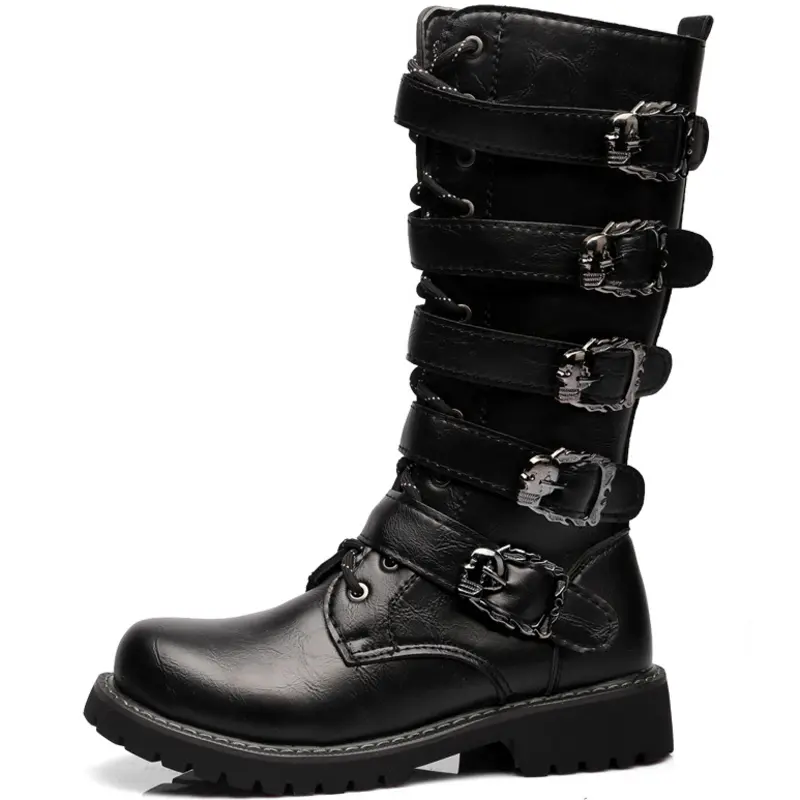 Bottes de moto en cuir pour hommes, Logo personnalisé, Style Punk, ceinture gothique, bottes de Combat à mi-mollet