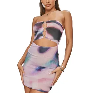 Slim Party Women Strapless Mini Night Club Sexy Dresses Pink Abstract Print Bandeau Ring Detail Burn Out Mesh Bodycon Dress