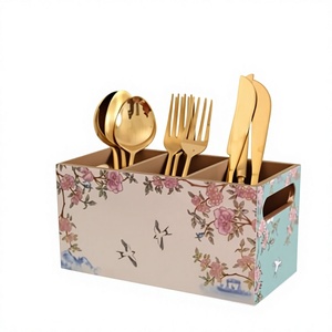 Elegant Green Artisan Craft Wood Non-Folding Standing Tableware Storage <b>Rack</b> with Cutlery Holder - Product Image 1