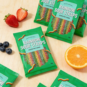 Vente en gros OEM 80g Bonbons gélifiés acidulés aux saveurs de fruits mélangés, comprenant des bandes acidulées aux fraises arc-en-ciel et des bandes acidulées <span class=keywords><strong>à</strong></span> <span class=keywords><strong>la</strong></span> <span class=keywords><strong>réglisse</strong></span> - Product Image 1