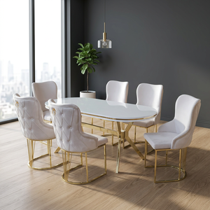 Modern <b>6</b>-piece convertible <b>dining</b> <b>set</b>: oval table with a gold frame and white fabric <b>chairs</b> – home furniture suitable for hotels - Product Image 1