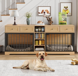 กรงสุนัขขนาดใหญ่ 82 นิ้ว สำหรับสุนัข 2 ตัว ใช้ในบ้าน ทำจากไม้ พร้อมลิ้นชักและชั้นวาง ดีไซน์ทันสมัย ยี่ห้อ HY - Product Image 3