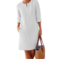 Robe décontractée en coton et lin pour femme grande taille, printemps-automne, avec détails boutonnés, taille naturelle, manches longues, style chemise-jupe