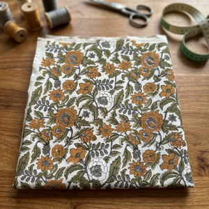 Tissu en coton tricoté imprimé floral 58/60 pouces blanc et marron, motif estampé à la main, respirant, léger, style bohème, 70 g/m² pour la maison - Product Image 3