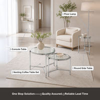 Ensemble de 2 tables basses gigognes rondes avec plateau en verre, structure en métal argenté et pieds en acrylique – Meubles de salon modernes et luxueux