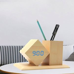 Portalápices Cúbico de Madera Moderno Multifuncional, Regalo para Estudiantes, Reloj Despertador con Luz, Temperatura y Fecha, Impresión UV/Láser - Product Image 3