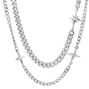 Collana da <span class=keywords><strong>Uomo</strong></span> Hip-Hop con Catena Cubana Spessa in Acciaio Inossidabile Placcato Argento e Ciondolo a Stella - Product Image 1