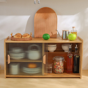 Solid Wood Tabletop Sideboard <b>Cabinet</b> With Glass Doors Kitchen Storage Organizer For Dishes Tea Cups Multi Function - Product Image 2