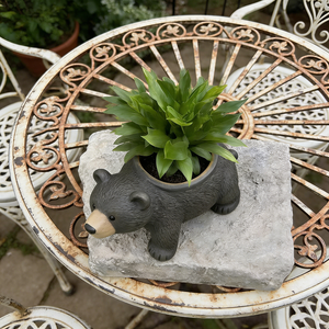 Pot de fleurs réaliste en résine en forme d'ours <span class=keywords><strong>noir</strong></span> - Pot décoratif en forme d'animal sauvage pour jardin, support rustique pour plantes succulentes pour cabane - Product Image 6