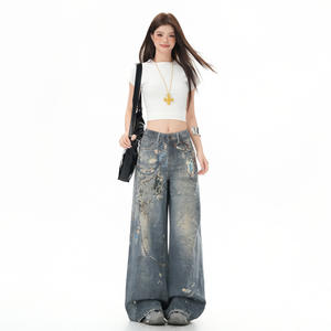 <span class=keywords><strong>Jeans</strong></span> rectos sueltos distintivos de High Street para hombres Vintage Real Shot Cutting Impresión digital Dark Denim Spring Popular - Product Image 1