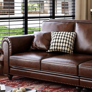 <span class=keywords><strong>Sofá</strong></span> de Madera Maciza con Tapicería de Cuero Vacuno Marrón Americano, Estilo Europeo Retro, Juego de Muebles para Sala de Estar, Gran Venta - Product Image 5