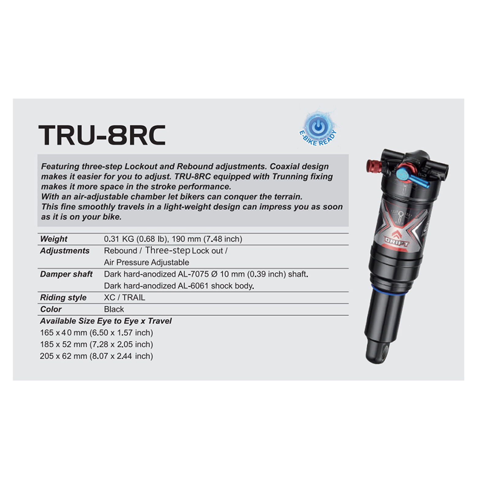 DNM TRU-8RC 165x40mm リアサスペンション DNM TRU-8RC Shock Absorber - 3-Step Air Damping Adjustments