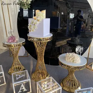 Hot selling modern design mdf top gold stainless steel flower stand round wedding cake table for event used