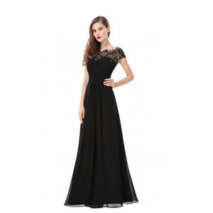 فستان سهرة طويل جديد بتصميم أوروبي من الشيفون والدانتيل المطرز الملون بأكمام قصيرة، فستان وصيفة العروس المحتشم باللون العنابي والأزرق والأسود - Product Image 5