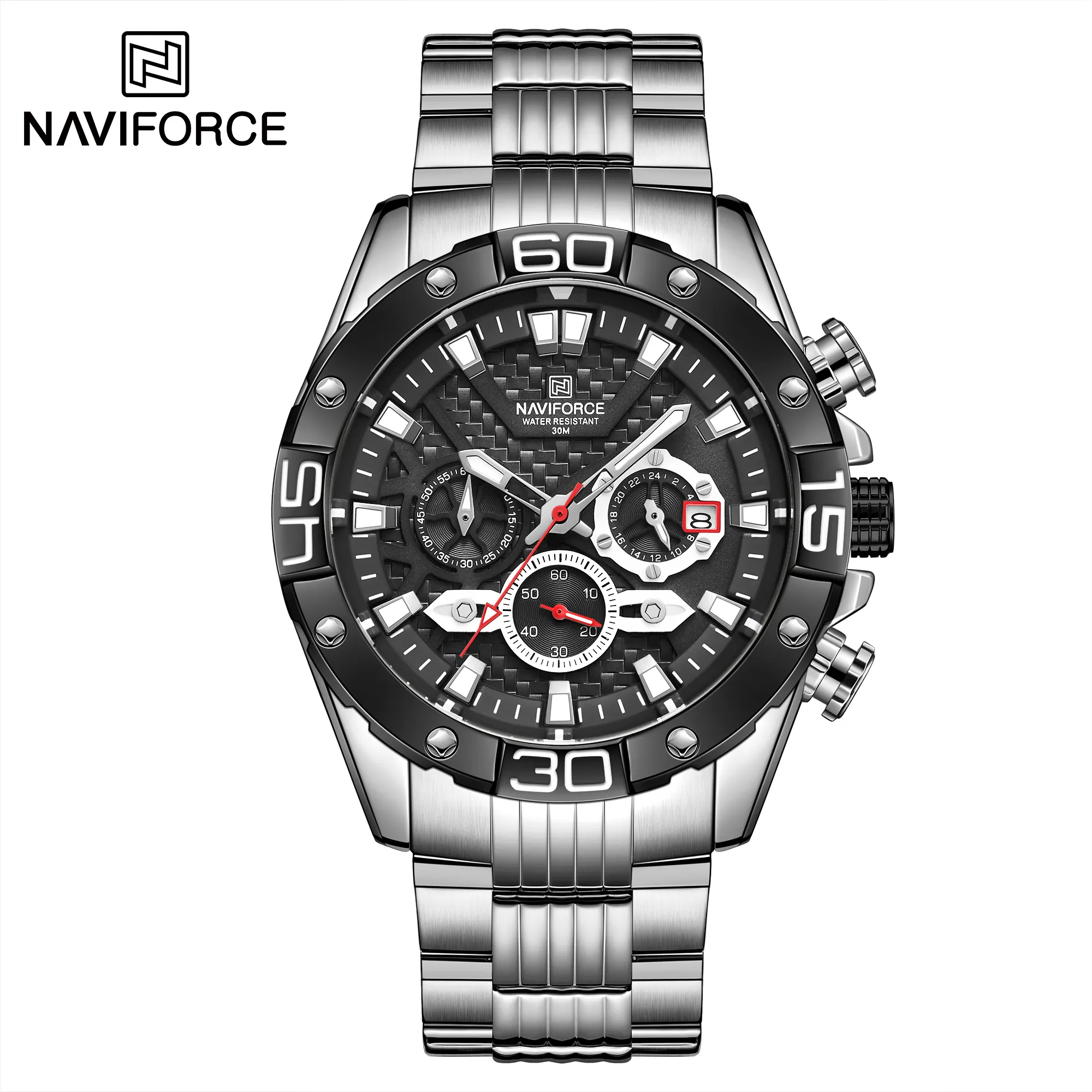 Naviforce 8019 SB Multi-Function Quartz Watch 3ATM Waterproof Men's Stainless Steel Chronograph, Relogio Hombre