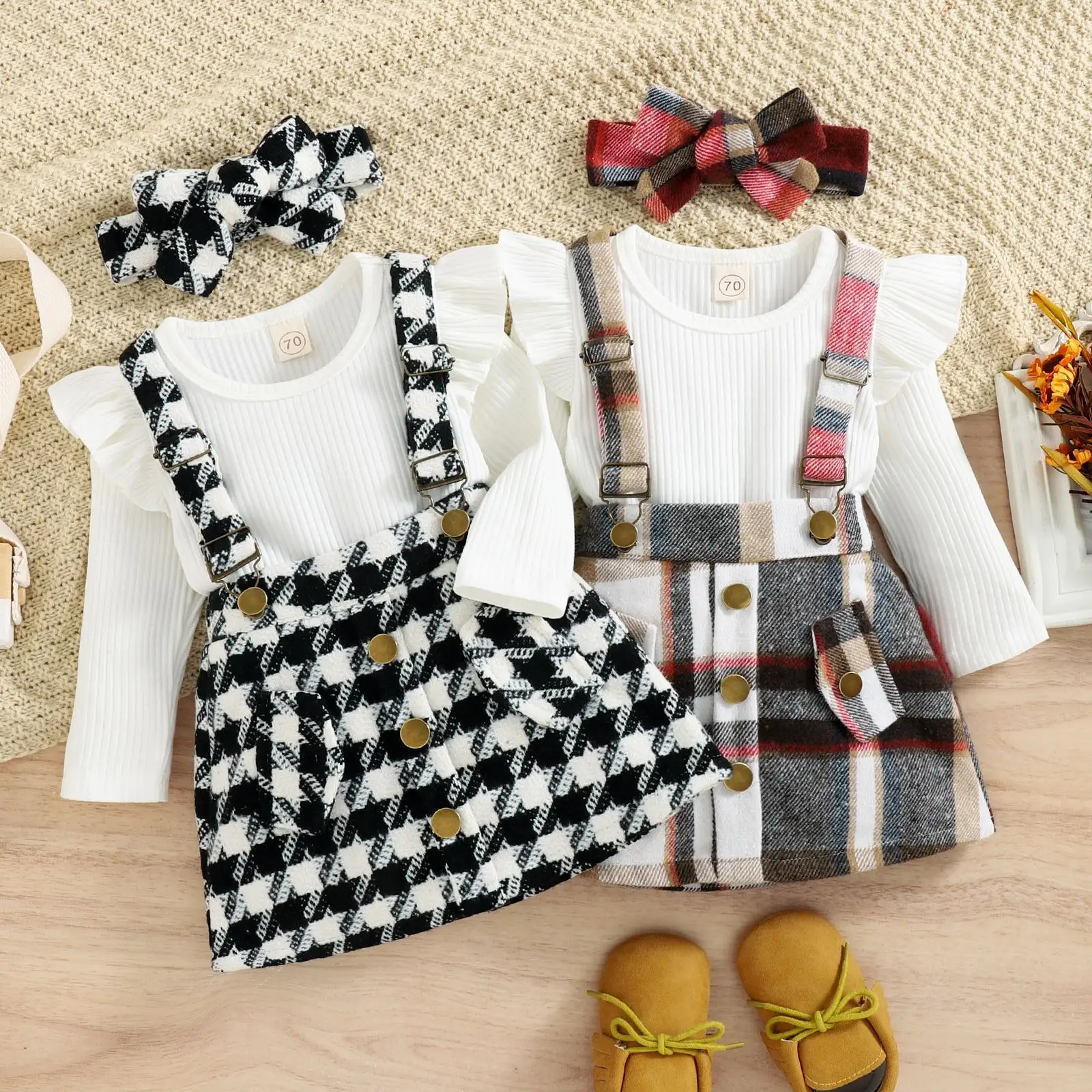 Autumn And Winter Girls Sweater Clothing Sets Pit Strip Top Bow Flying Sleeve Plaid Strap Skirt Girls Two-piece Suit Bow