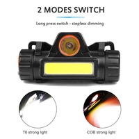 Lampu Kepala Mini Xpe dengan Baterai Terpasang, Pengisian Daya USB, Lampu Sorot COB, Peredupan Tanpa Tingkat, Senter Kepala