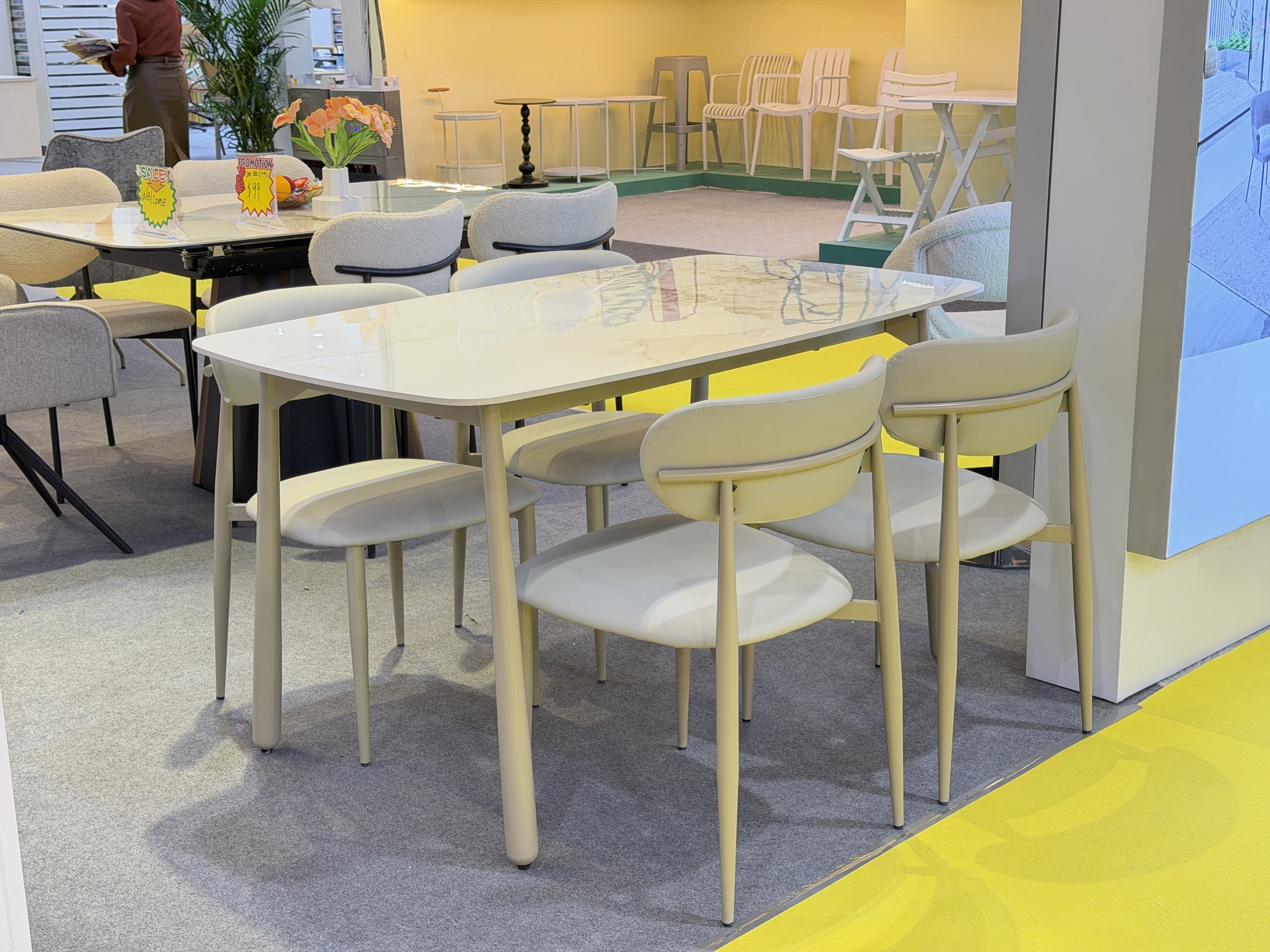 Modern European White 5-Piece Dining Set – Stone Top Table & PU Wood Chairs