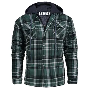 Free LOGO Customized Wholesale Winter Cotton Hoodies Plaid Mens Removed Hood Warm Flannel Jacket Males Outerwear