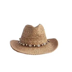 Handwoven Western Upturned Wide Brim Sea Shell -rope Paper Straw Cowboy Hat