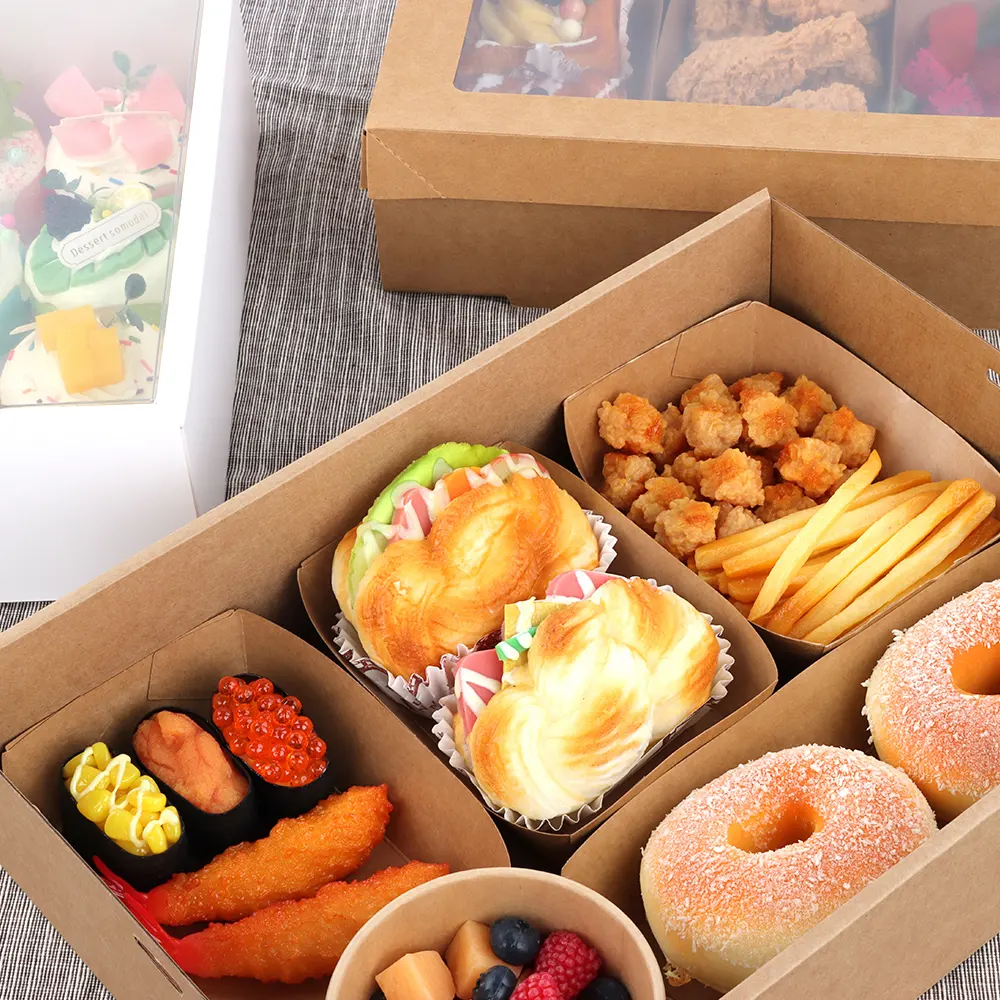 Kotak kemasan lipat makanan buah roti katering kustom pesta piknik kotak pembungkus kertas lipat kraft dengan tutup