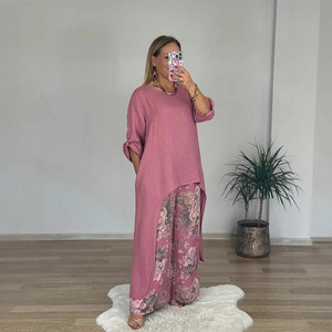 Women's Casual Cotton <b>Linen</b> <b>Set</b> Long Top Wide Leg Pants With Pockets Green Gray Beige Pink Yellow White S M L XL 2XL 3XL - Product Image 4