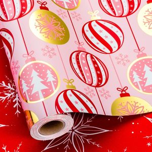 Pink Christmas <b>Wrapping</b> <b>Paper</b> Roll 46.8 Sq Ft Metallic Foil Ornament Design Gift Craft Eco Friendly - Product Image 1